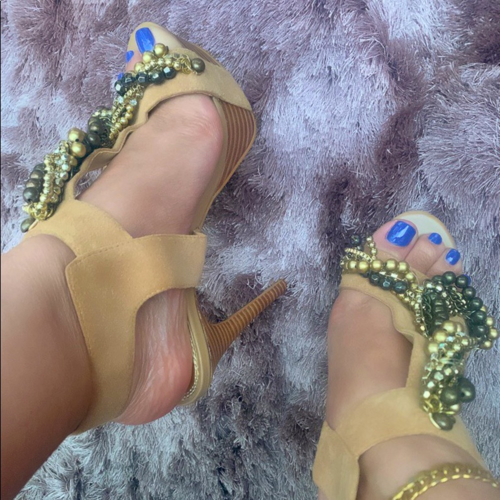 Tan high heel strappy suede with stones